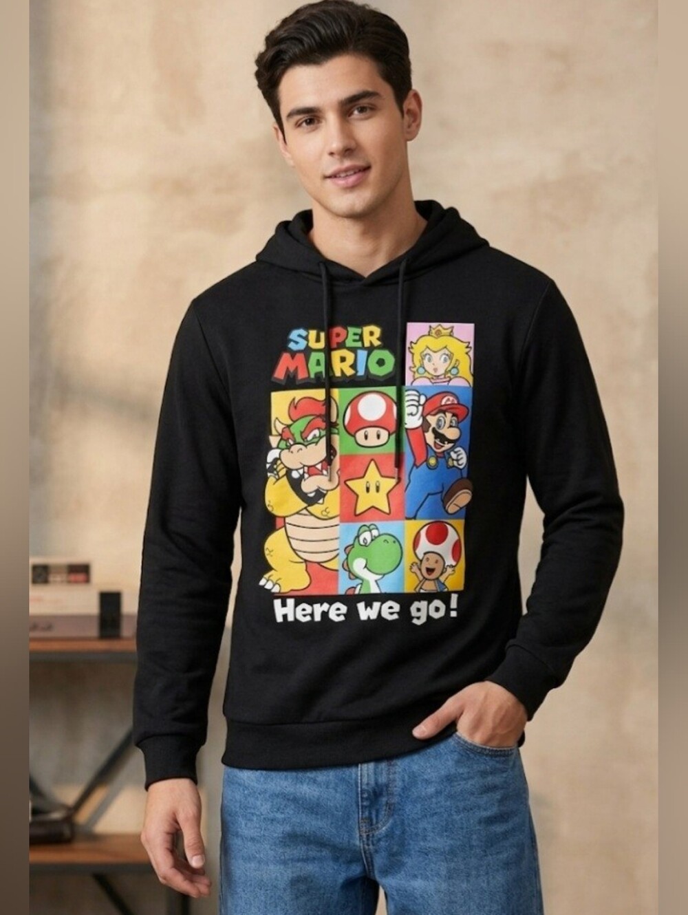 Nintendo Super Mario Bros Hoodie "Here We Go" Black Character Grid Sweatshirt XL